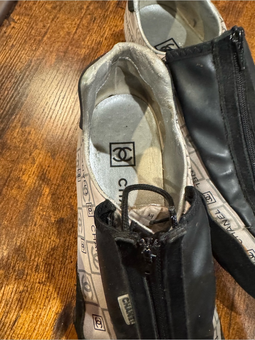 Vintage Chanel Sport Line Zip-up and Tie-up Sneakers in Black & Pink Sz 9 - Picture 5 of 14